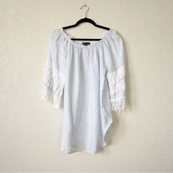 Saks Fifth Avenue White Blue Stripe‎ Off The Shoulder Linen Lace Blouse Medium - Picture 2 of 8
